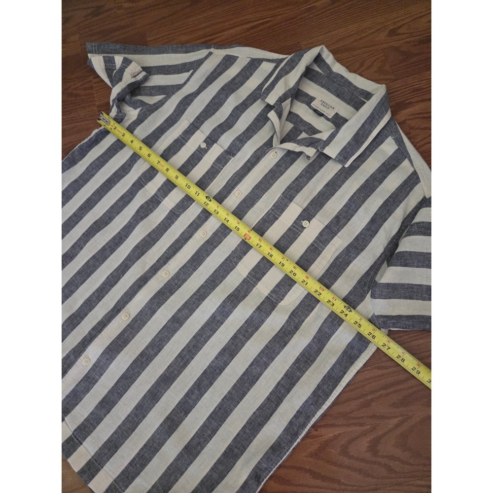 American Eagle Linen Blend Striped Short Sleeve Button Down Shirt Blue XL Tall - Picture 4 of 7